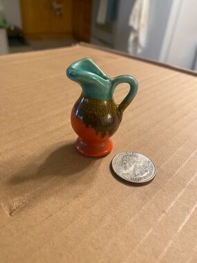 1930s Folk Art Pottery Miniature Pitcher in Turquoise, Brown & Orange